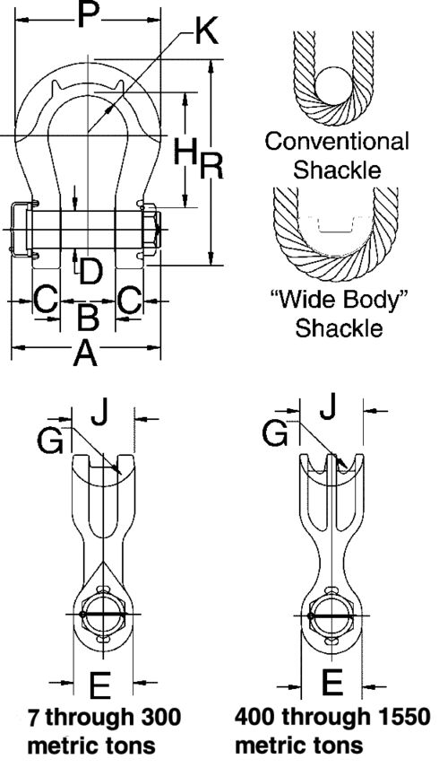 Crosby G-2160E Alloy Bolt Type Wide Body Shackle measurements