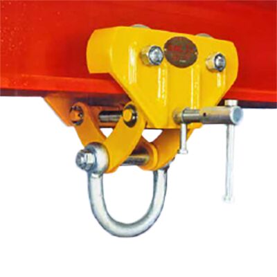 Adjustable runway beam trolley. Fitted with a width adjustment locking mechanism.